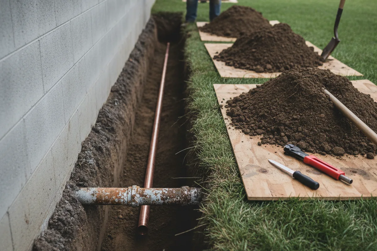 Excavated water line trench during Sewer Line Repair in Vinton